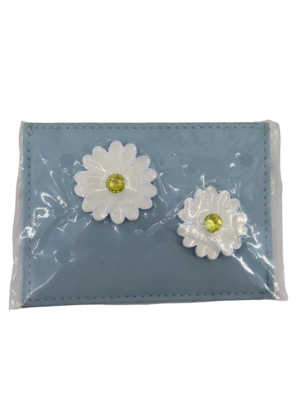 NEW Swarovski Solid Blue Leather Yellow Crystal Daisy Flower Floral Card Holder